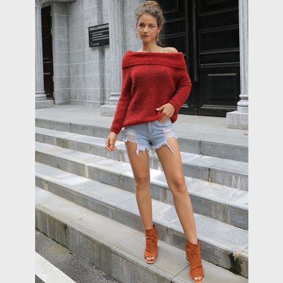 Red Off Shoulder Fold Over Sweater - Picture 5 of 8